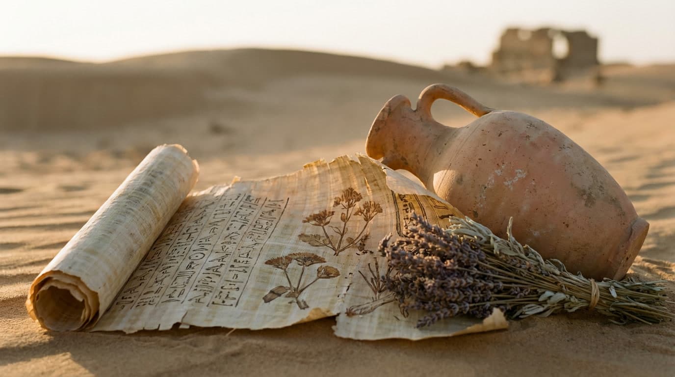 Ancient papyrus scrolls with botanical illustrations, clay amphora, and dried lavender in desert sand