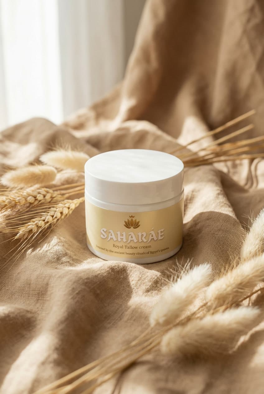 Royal Tallow Cream jar on natural linen with dried botanicals