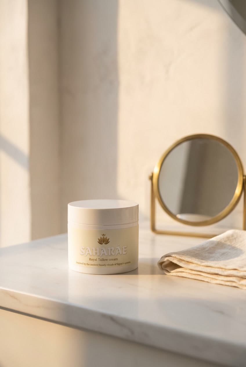 Royal Tallow Cream jar on marble vanity surface